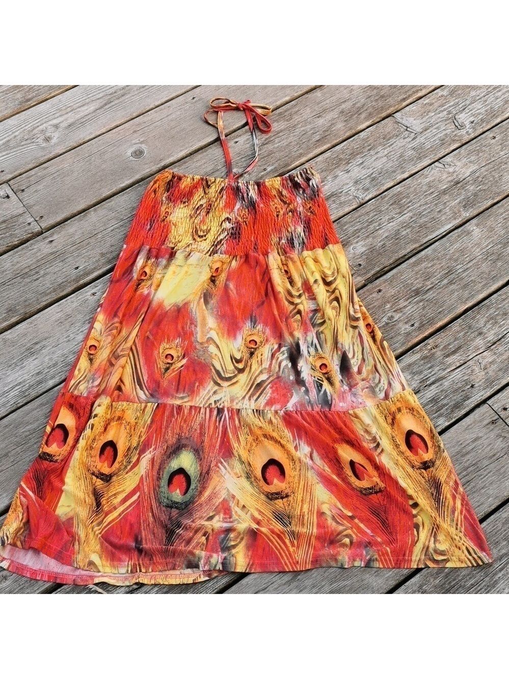 DJ Production Peacock Tropical Boho Smocked Halter Sundress. Size Medium.